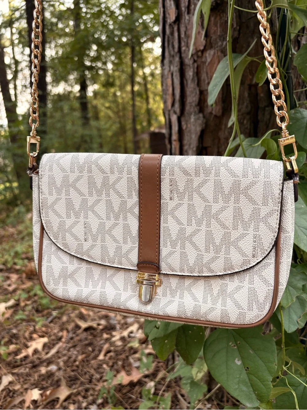 Michael Kors Cream Monogram Crossbody with Brown Trim and Gold Chain